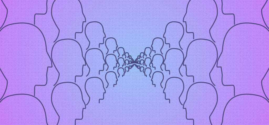 Illustration: two mirrored crowds of head outlines facing each other, shrinking toward a shared centre point