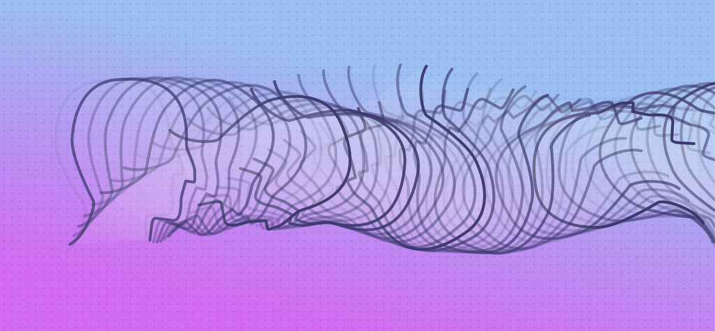 Illustration: a head outline repeated in overlapping waves across a purple-to-blue gradient
