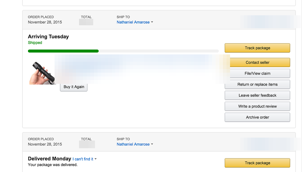 Amazon order history: grey header bars with order date and total above white cards with yellow Track package buttons