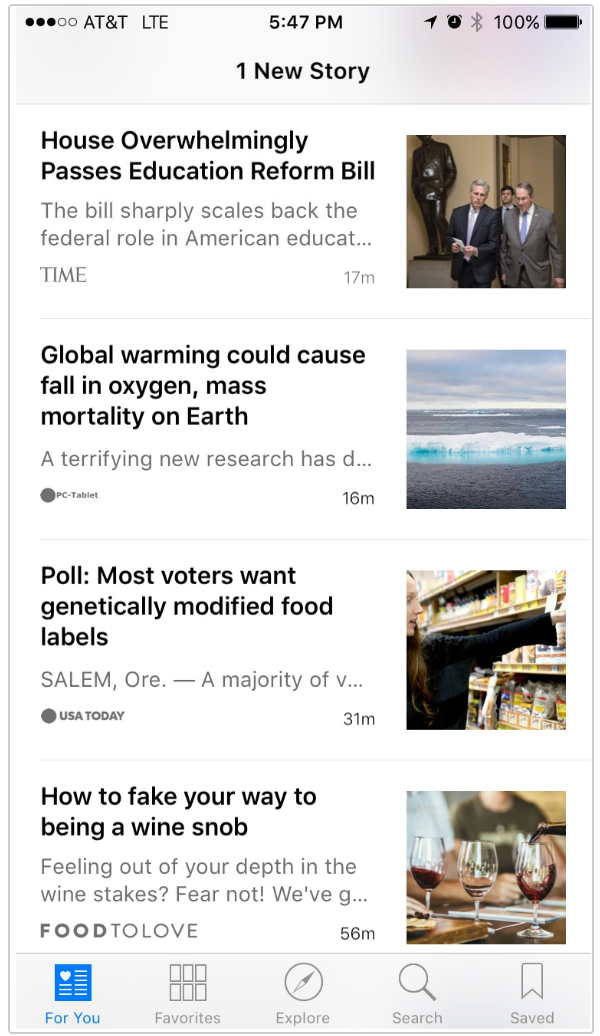 Apple News For You feed: white story list with near-white title and tab bars and almost no grey
