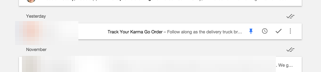 Google Inbox list of white message previews sitting on a light grey background, with date headers