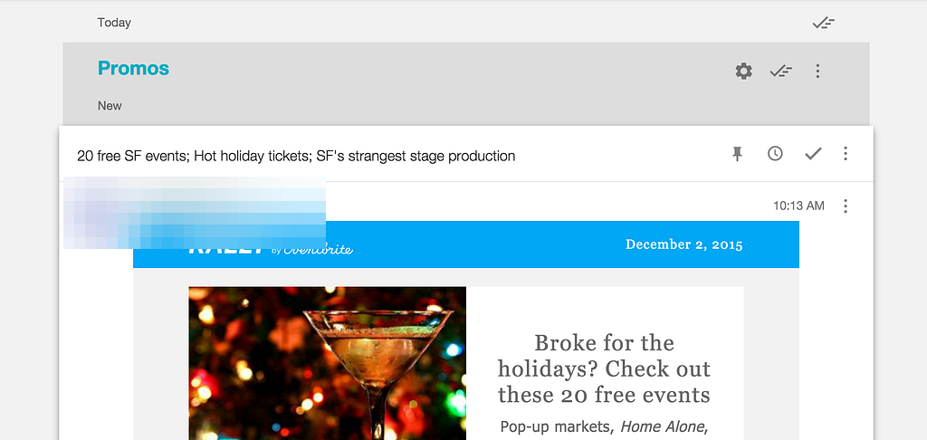 Google Inbox using two shades of grey: a light grey day header and a darker Promos header above a white email