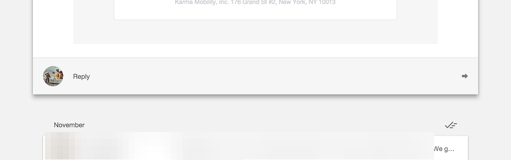 Google Inbox open email: white message body above a light grey Reply bar, on a grey page background