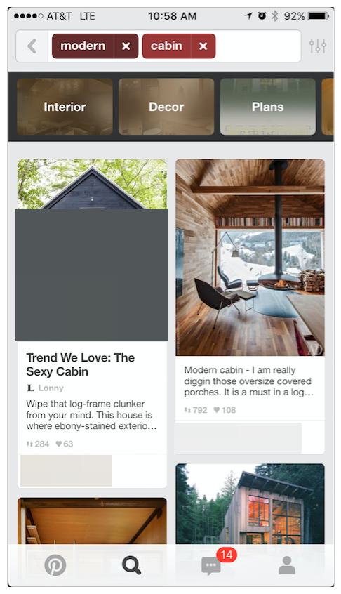 Pinterest search results: white pin cards in two columns on a light grey background