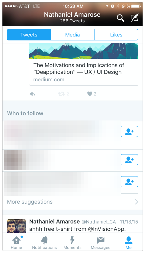 Twitter iOS profile: white tweet and "Who to follow" cards separated by light grey bands