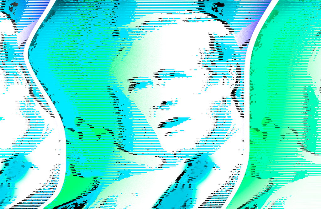 Near-frontal face in cyan, green and white scan lines, with wavy repeated panels on a light background