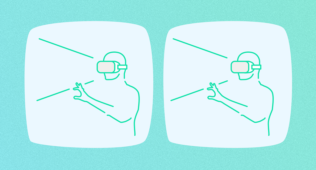 Illustration: stereo pair of a person in a VR headset reaching out a hand, shown in two lens-shaped frames