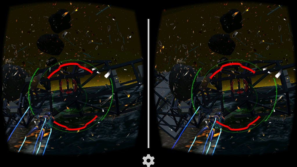 Split-screen Cardboard capture of a VR space shooter: dense asteroids, debris and targeting reticles